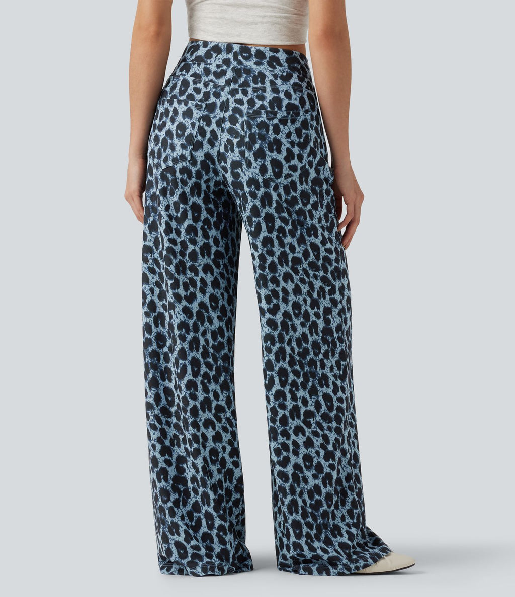 Pantalon large décontracté taille haute gaufré imprimé léopard avec poches