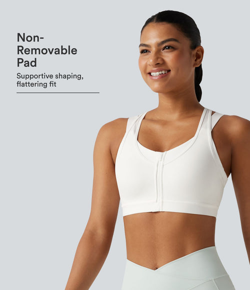 Brassière de sport d'entraînement maintien moyen col rond échancré dos nageur avec fermeture éclair, mesh contrasté et coussinets non amovibles