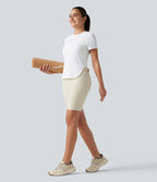 Haut de sport yoga col rond manches courtes ourlet arrondi en mesh respirant