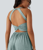 Robe longue fluide fendue avec poches latérales, dos nu et effet torsadé