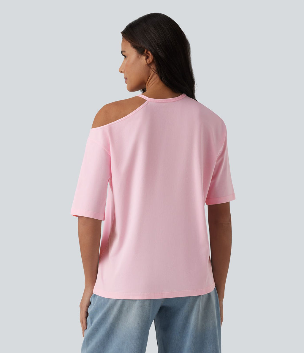 T-shirt décontracté en coton, encolure ronde, découpes et manches mi-longues