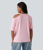 T-shirt décontracté en coton, encolure ronde, découpes et manches mi-longues