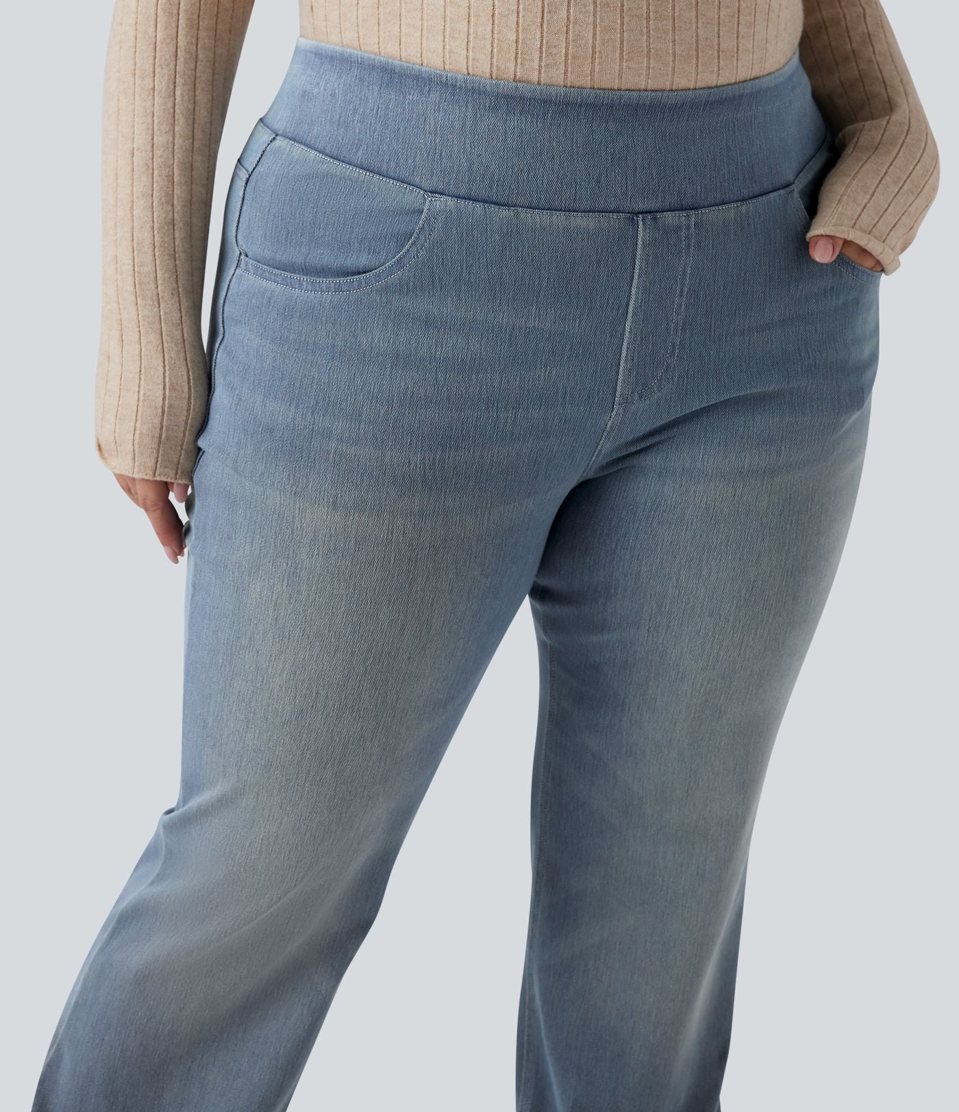 Jean décontracté Halara Flex™ grande taille bootcut taille haute en maille extensible délavée avec multiples poches
