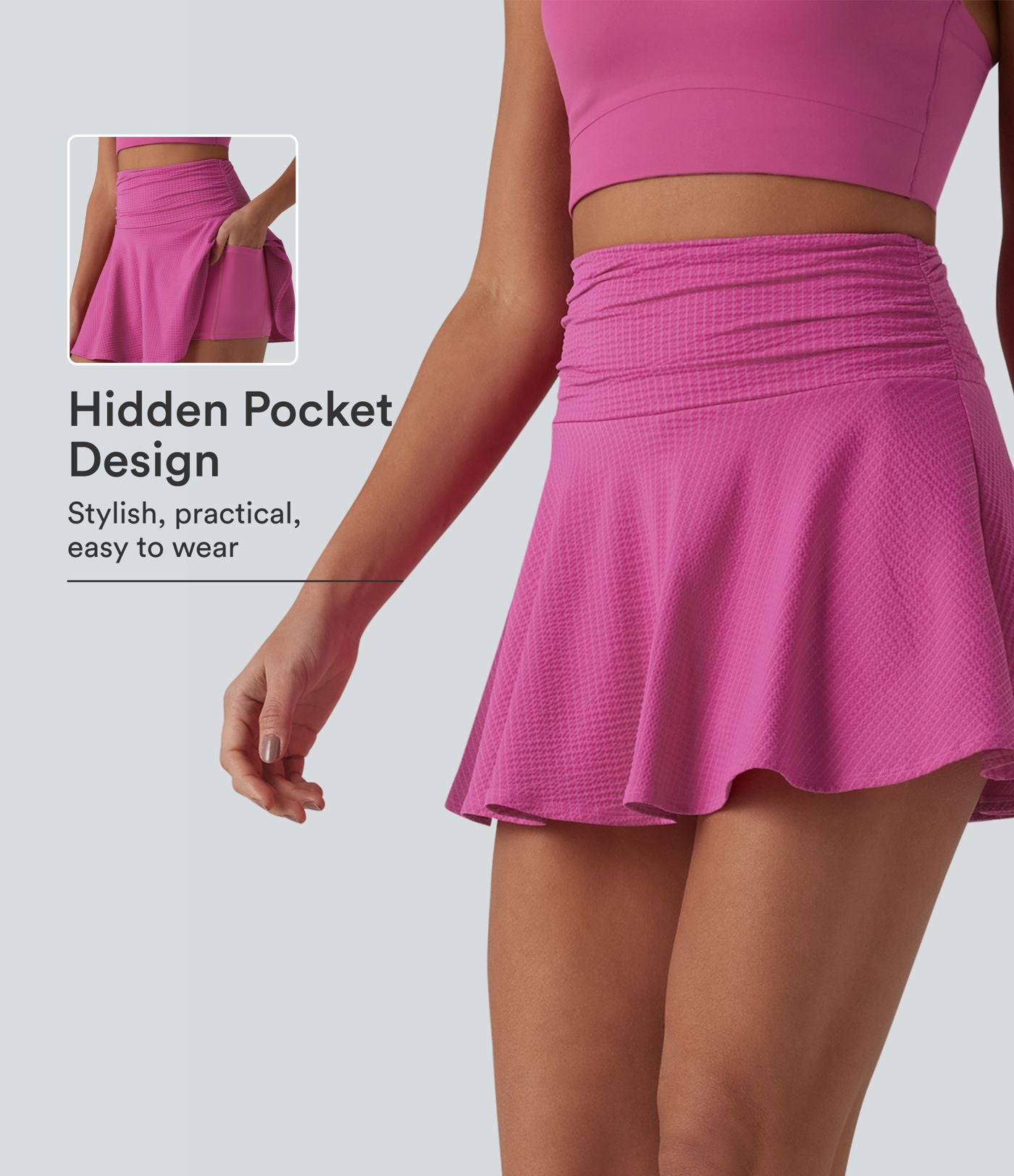 Jupe mini évasée 2-en-1 de tennis taille haute à séchage rapide, avec poches – Protection UPF 40+