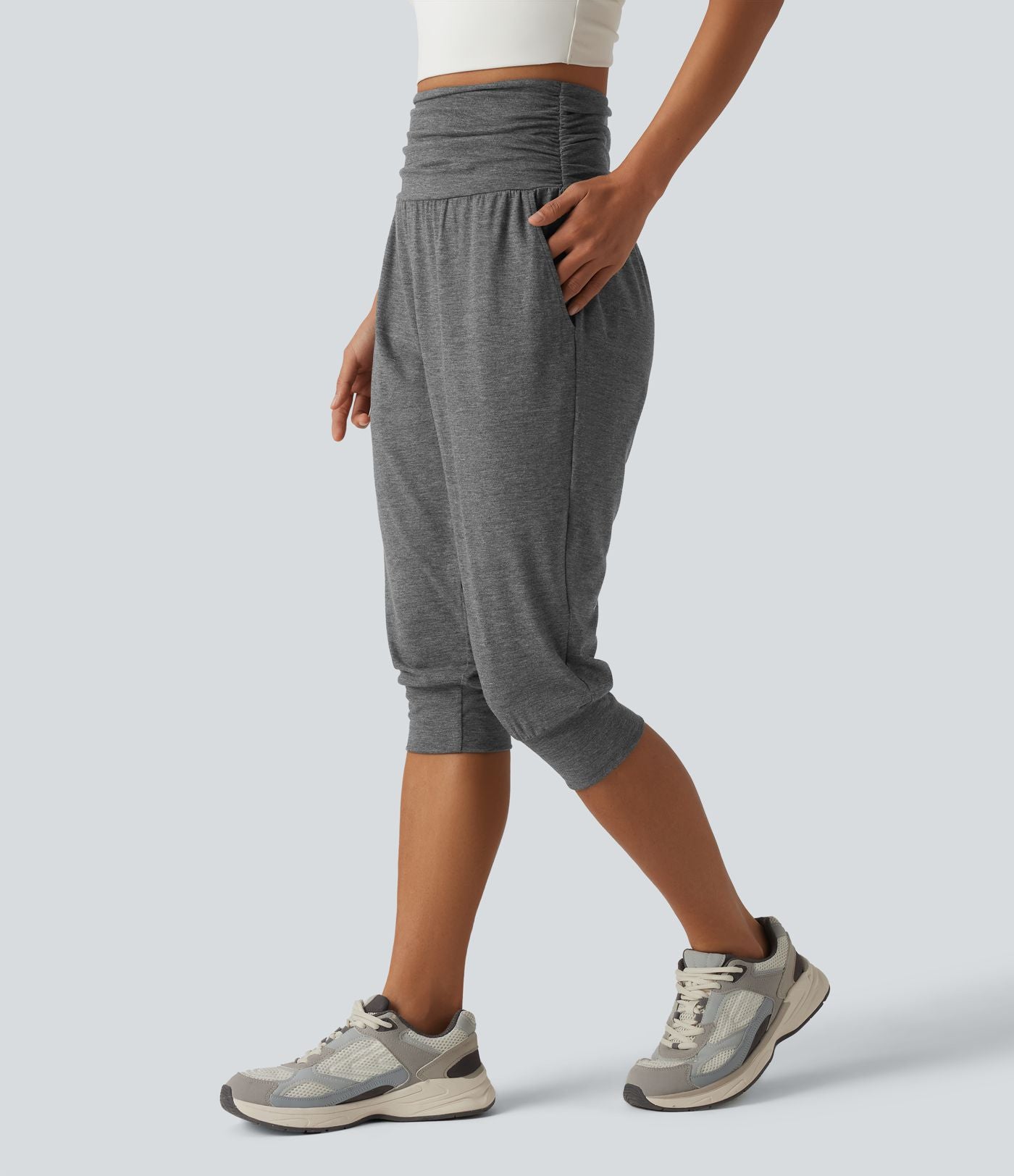 Jogging yoga corsaire chiné taille haute à fronces avec poches
