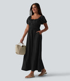 Robe longue fluide et décontractée en lin, à col carré, manches bouffantes, soutien-gorge intégré froncé et poches