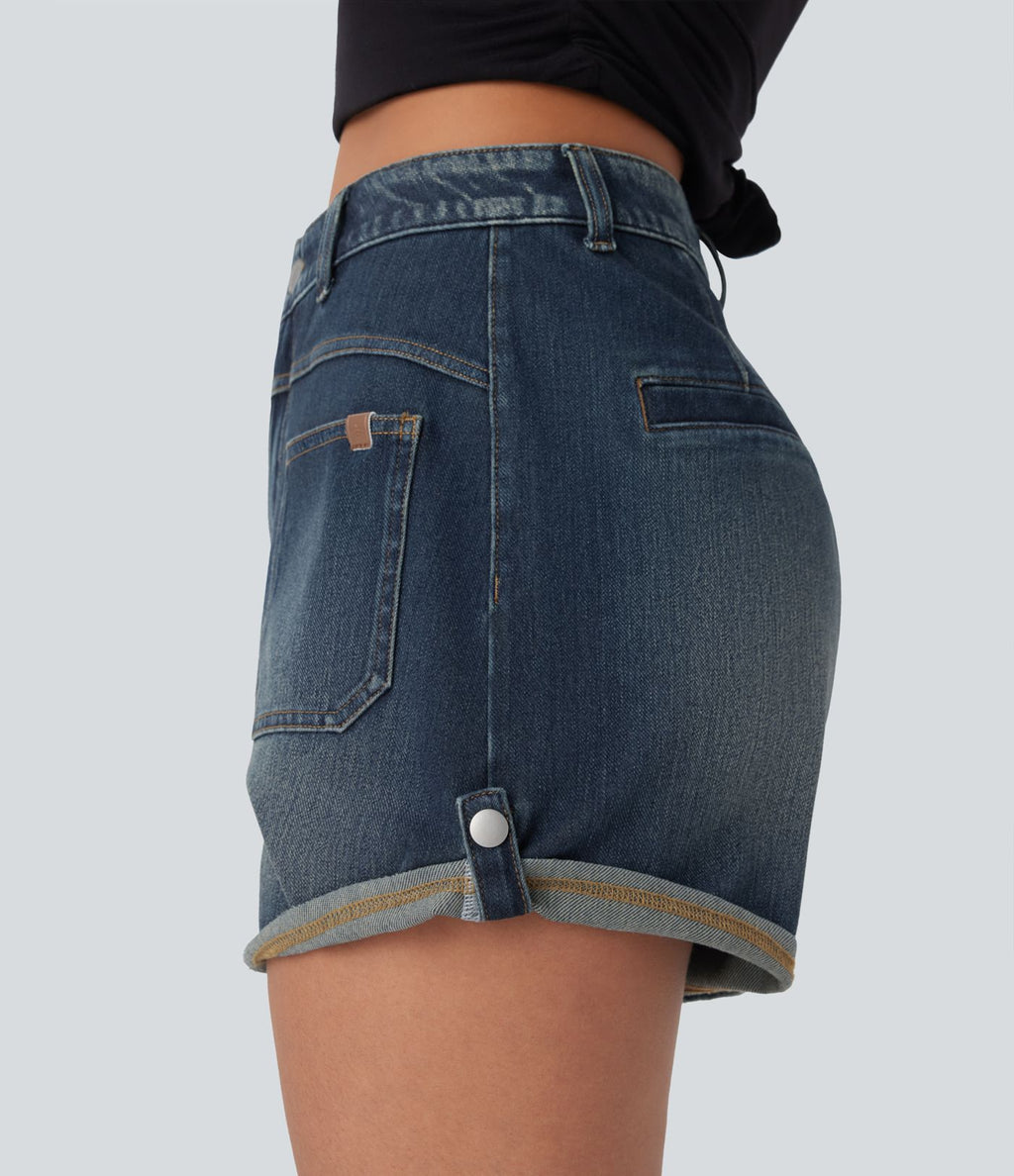 Short décontracté en jean extensible délavé Halara Flex™ taille moyenne avec revers et poches avant