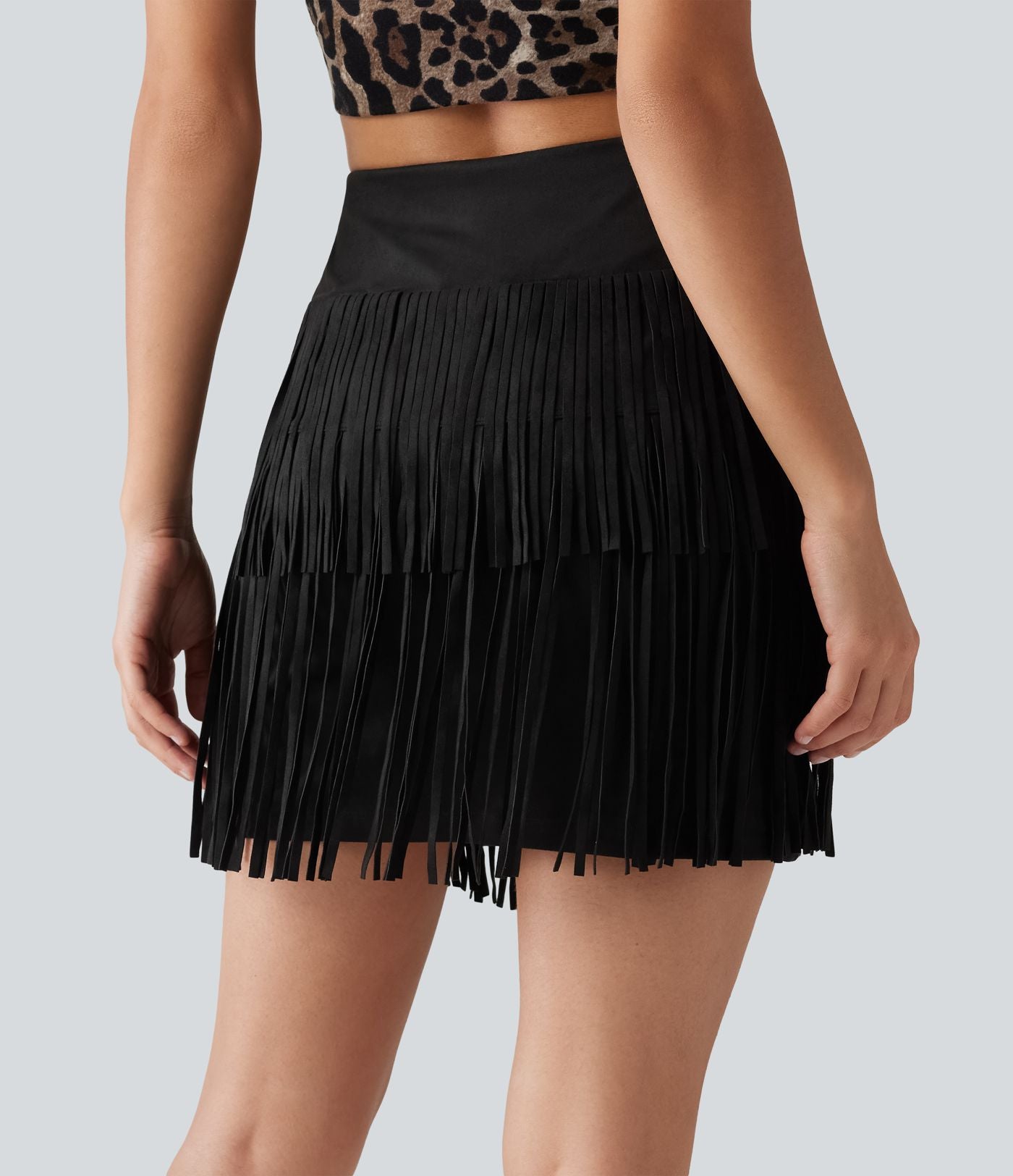 Jupe mini moulante 2-en-1 en daim pour soirée, ourlet à franges croisé, taille haute — version longue