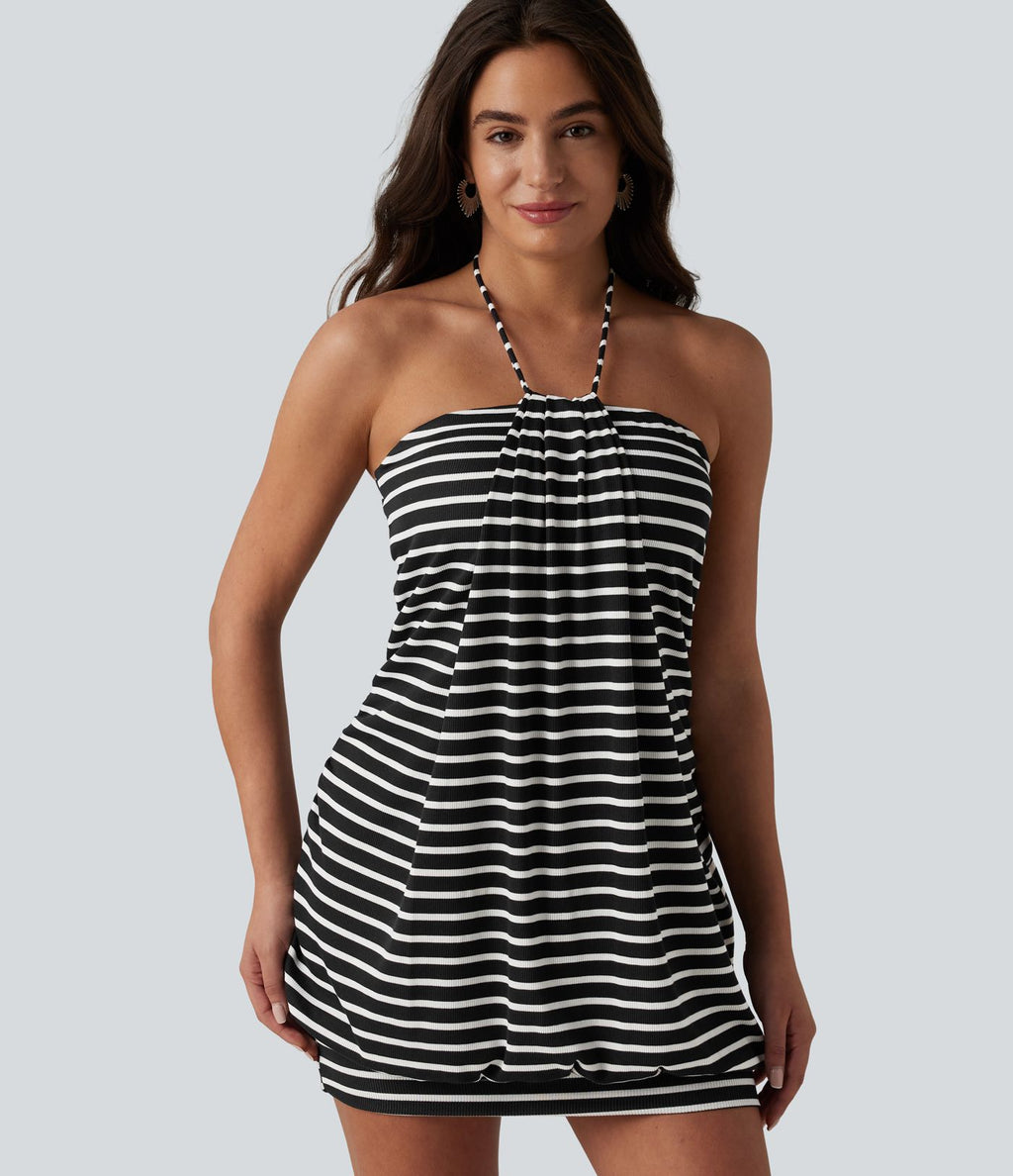Robe moulante micro-mini à rayures en maille côtelée, dos nu à nouer et soutien-gorge intégré