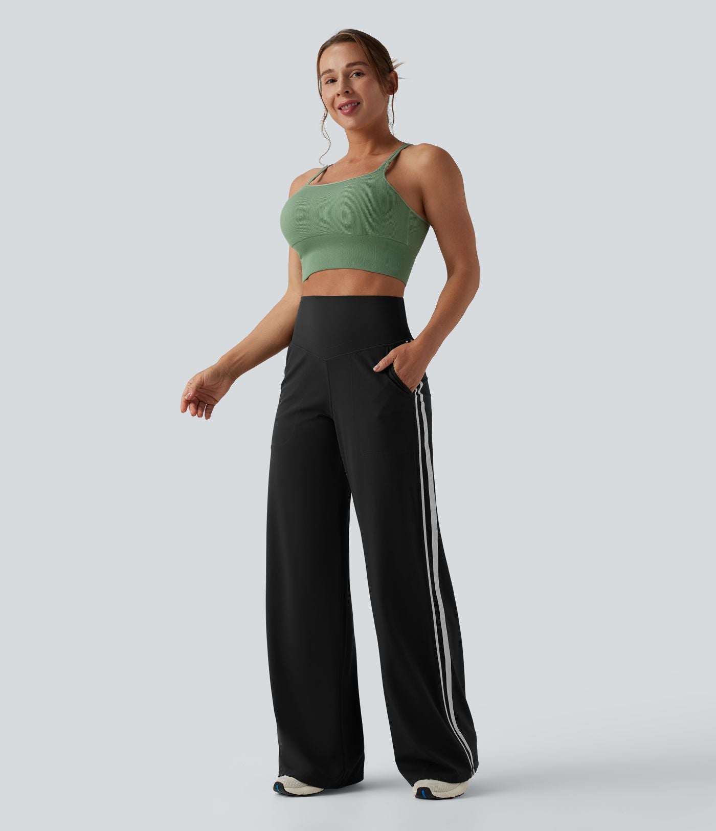 Pantalon ample yoga Halara UltraSculpt™ taille haute gainant à rayures color block avec poches