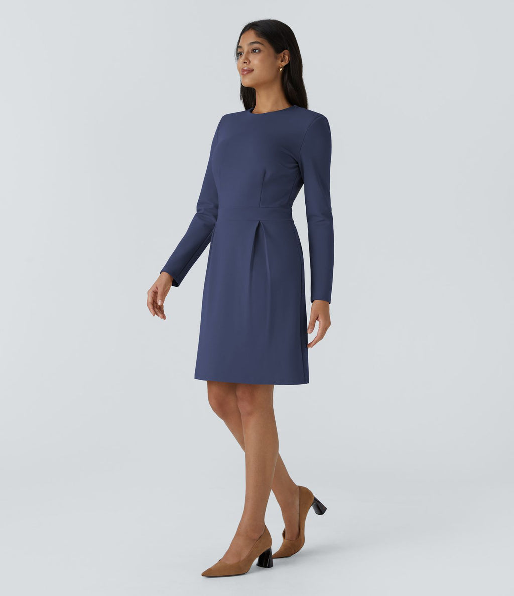 Robe de travail mini ajustée col rond à épaulettes à manches longues et ourlet