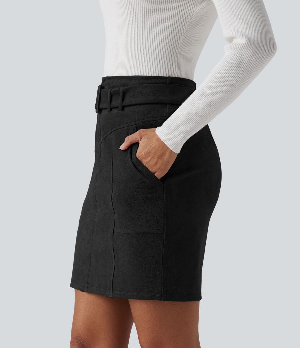 Jupe de travail mini moulante en daim taille haute avec ceinture et poches