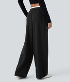 Pantalon décontracté jambe large bicolore double épaisseur, taille basse avec poches latérales