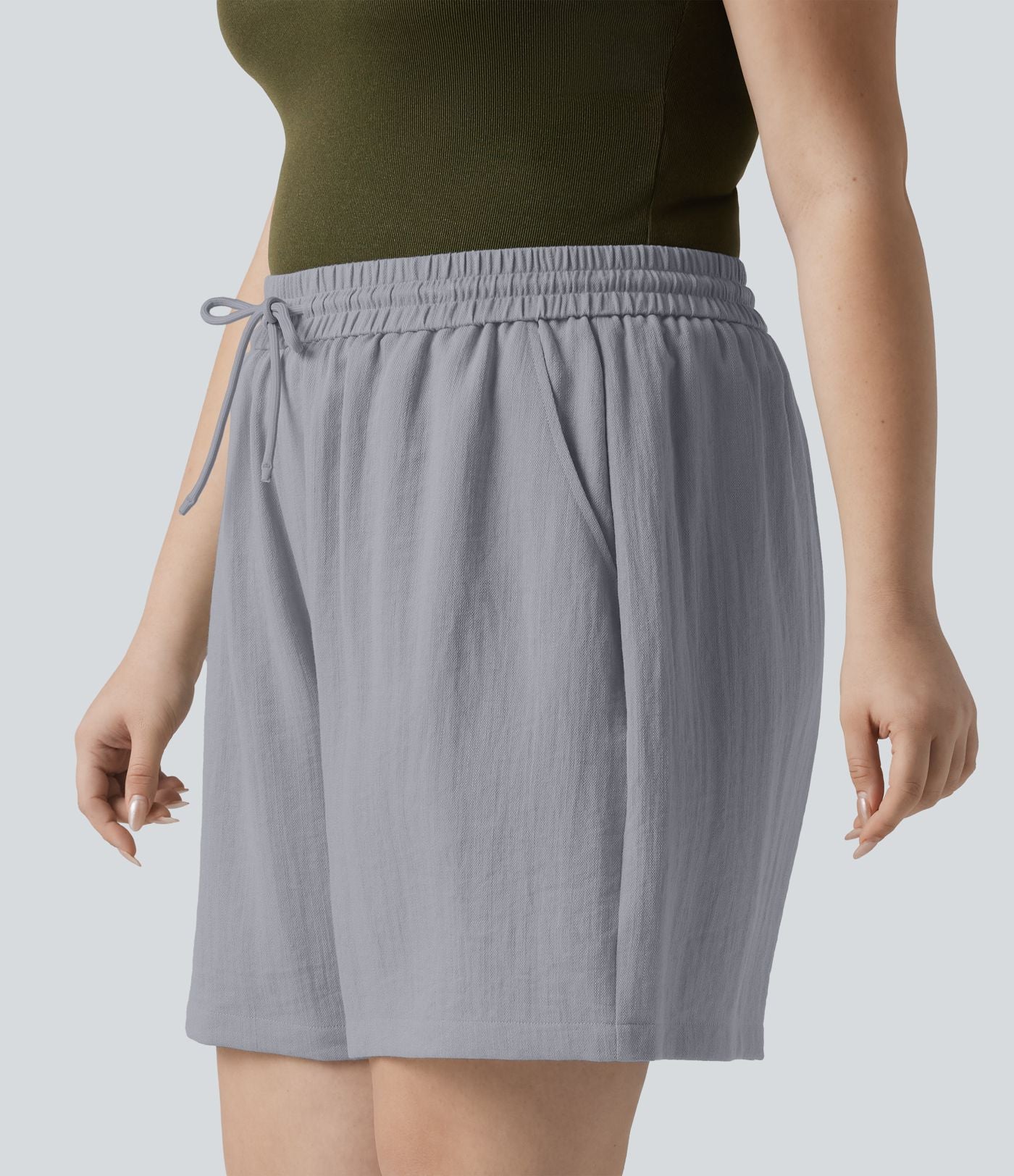 Short casual aspect lin grande taille taille haute avec cordon de serrage et poches