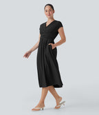 Robe midi Breezeful™ col V manches courtes à liens dans le dos séchage rapide avec poches latérales