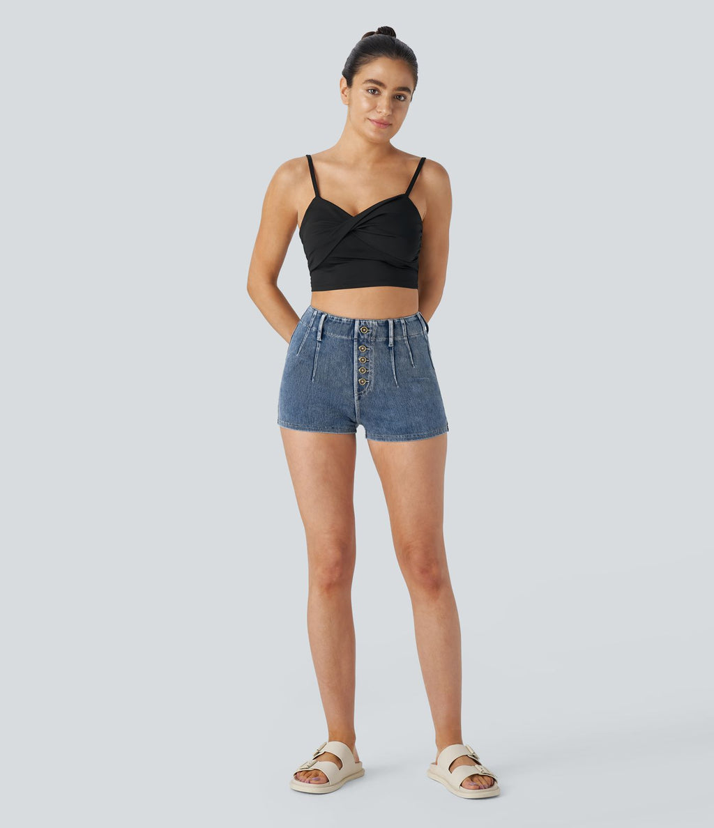 Halara Flex™ Short 5cmCasual Taille Haute en Denim Tricoté Stretch avec Boutons Décoratifs et Poches Arrière