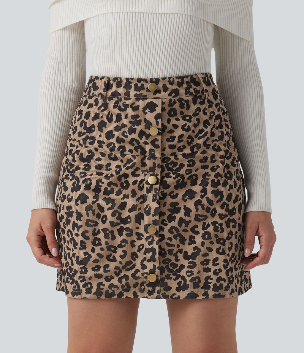 Jupe mini casual 2-en-1 léopard taille haute avec poche — Longueur allongée