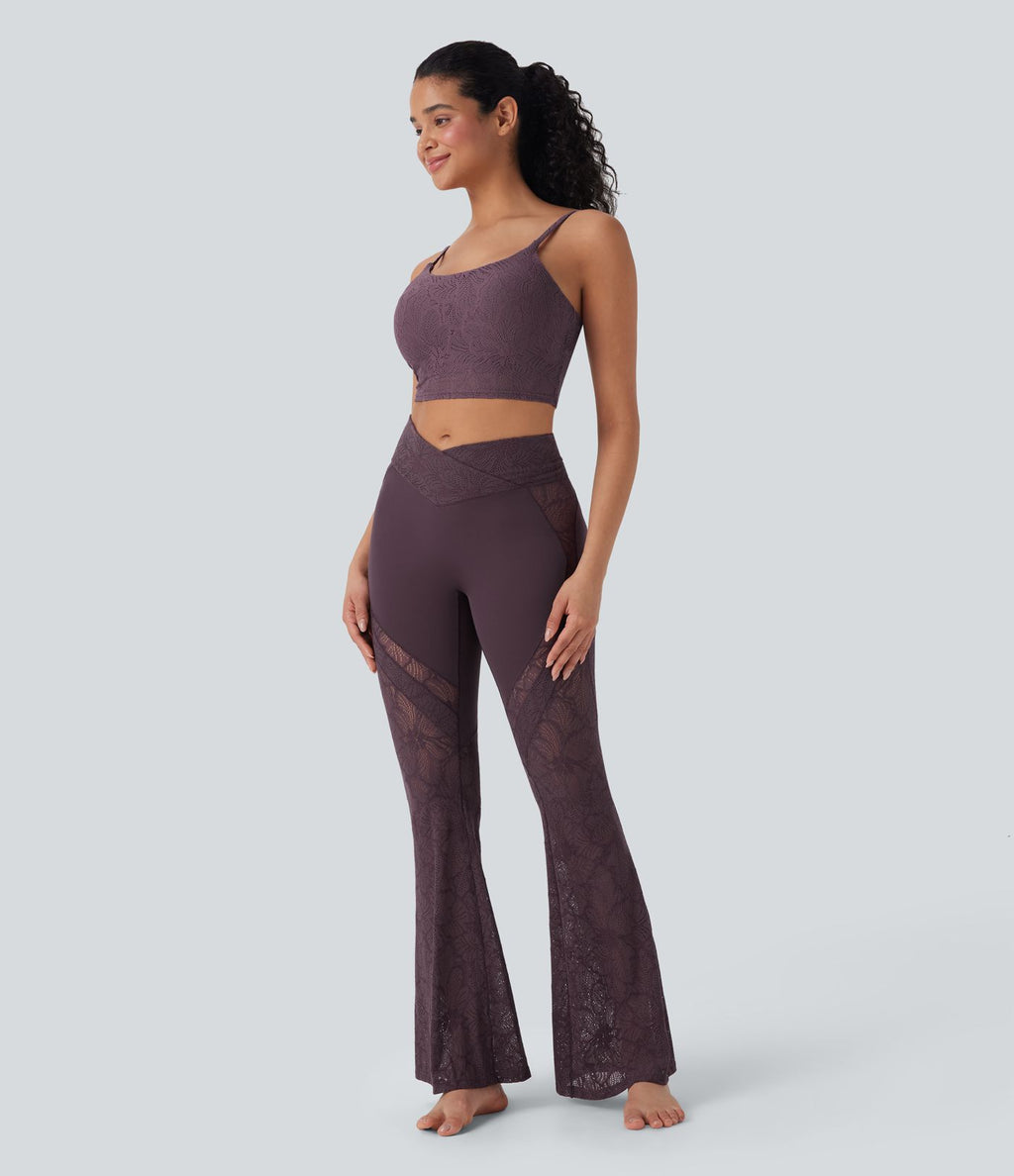 Pantalon de yoga évasé à taille haute croisée, poche arrière et dentelle
