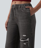 Jogging jean décontracté en molleton French Terry imprimé denim taille mi-haute avec poches