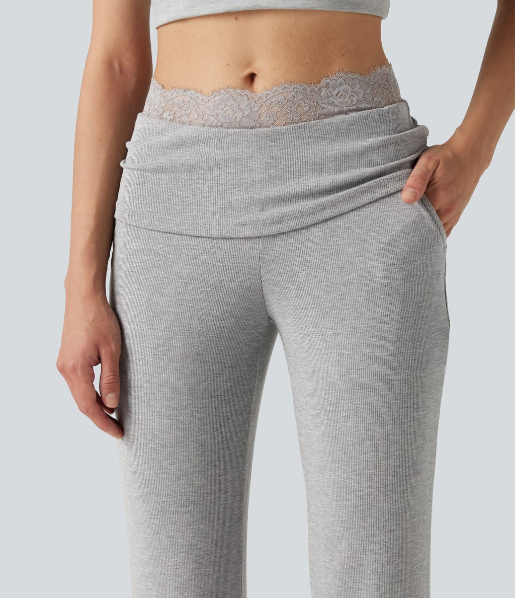 Pantalon décontracté évasé à taille mi-haute en maille côtelée extensible avec poches