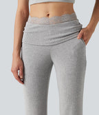 Pantalon décontracté évasé à taille mi-haute en maille côtelée extensible avec poches