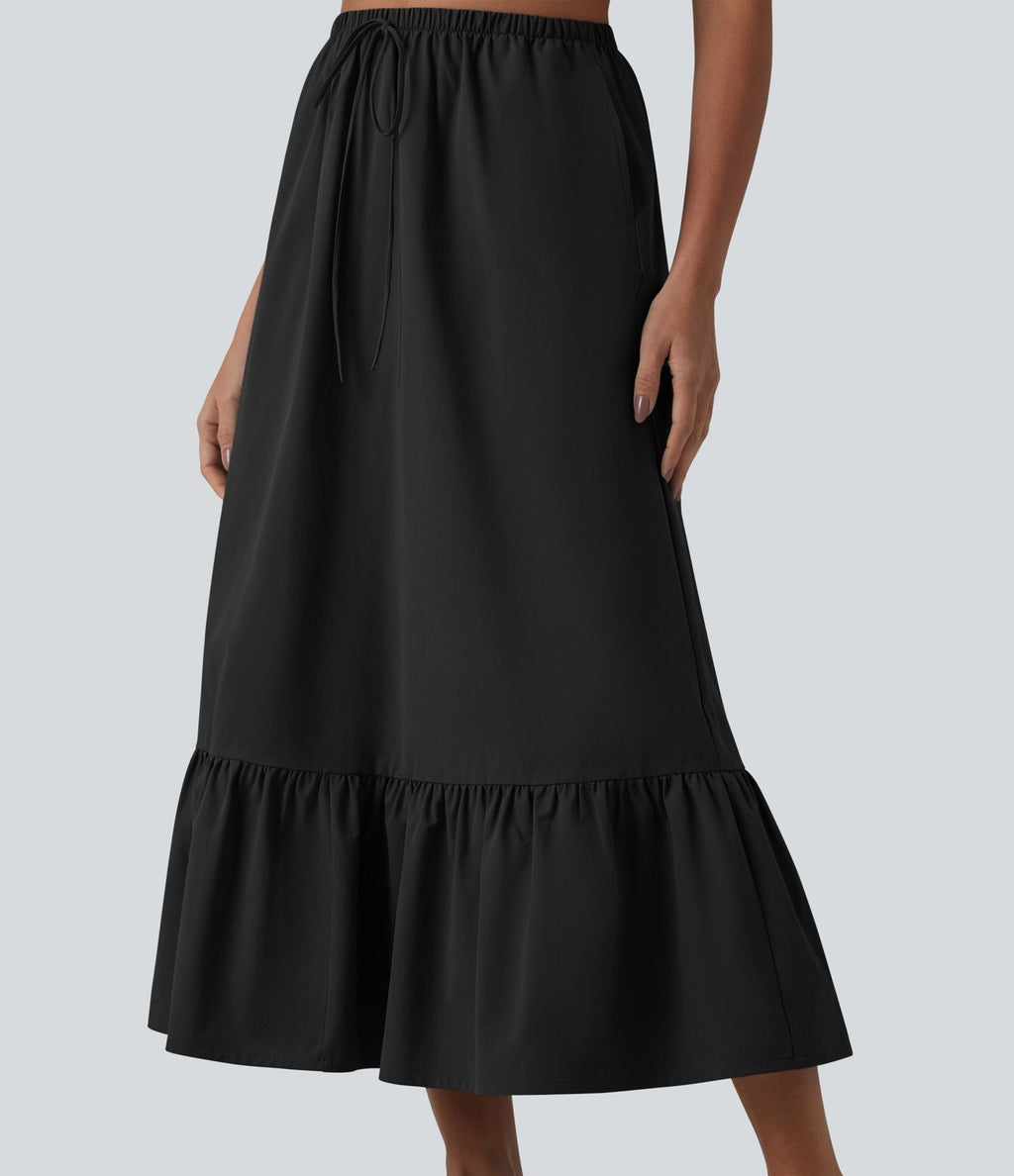 Jupe casual mi-longue évasée en popeline stretch taille haute avec cordon de serrage, ourlet volanté et poches