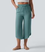 Pantalon casual 7/8 taille haute aspect lin à cordon de serrage et ourlet arrondi avec poches