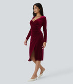 Robe de décontractée mi-longue en velours à col V, manches longues, fronces et fente