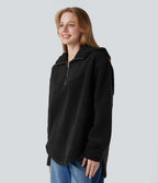 Sweat-shirt sherpa oversize à capuche et demi-zip avec ourlet arrondi et poches