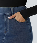 Halara Flex™ Jupe en Jean Midi Casual Tricot Extensible Taille Haute Poches Multiples