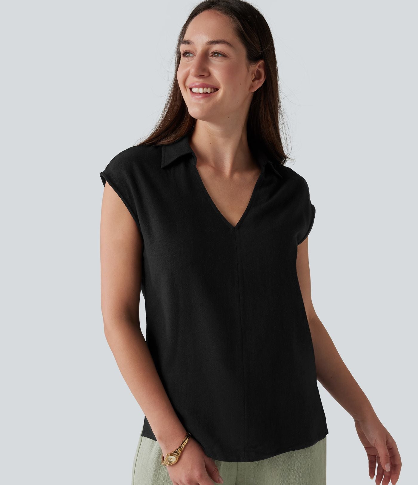 Chemisier tailleur en mélange de lin col V sans manches avec ourlet fendu
