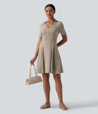 Robe mini casual évasée col V manches courtes en maille côtelée