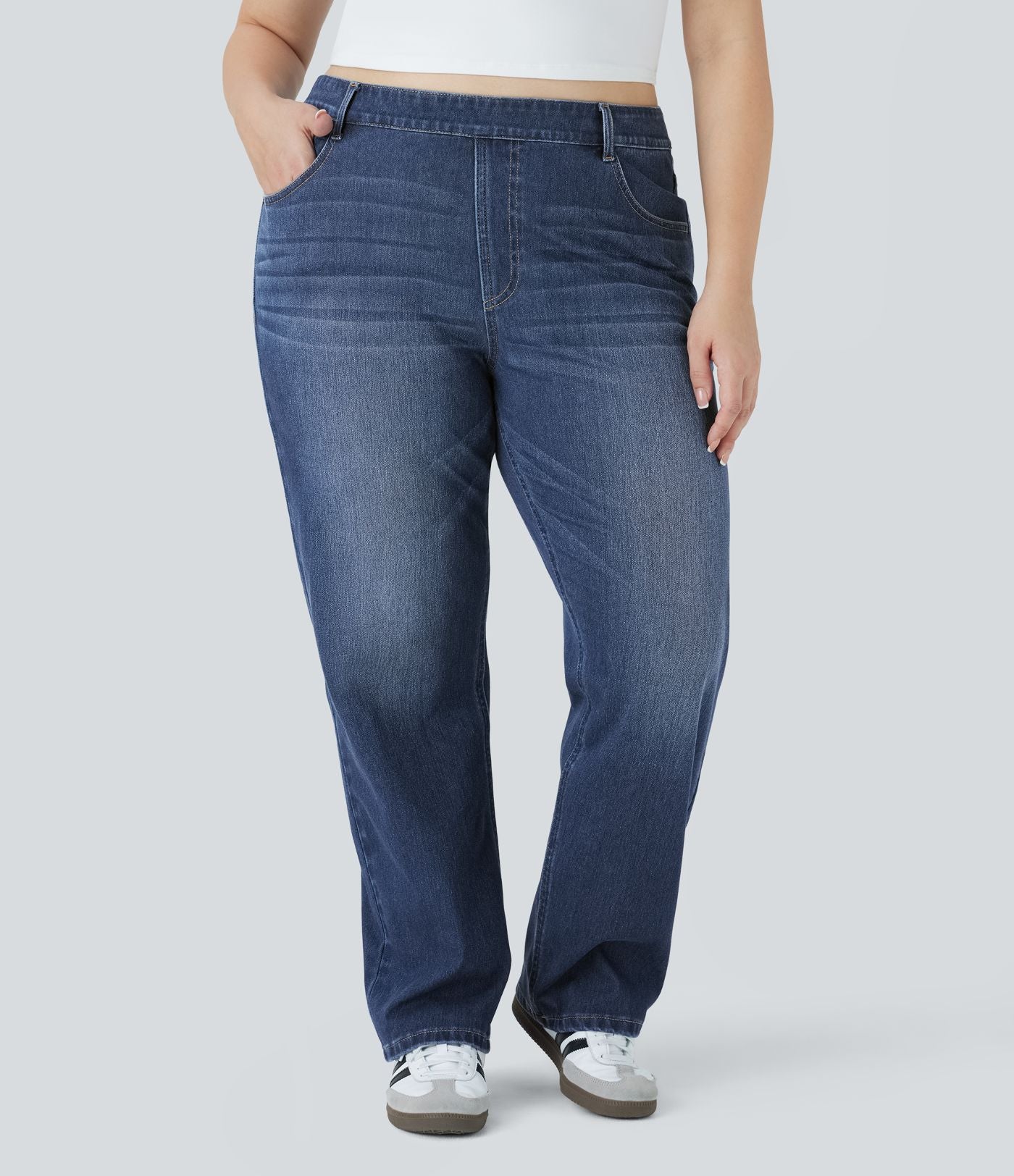 Jean décontracté Halara Flex™ grande taille, taille haute, multiples poches, jambes droites, effet délavé, en maille extensible