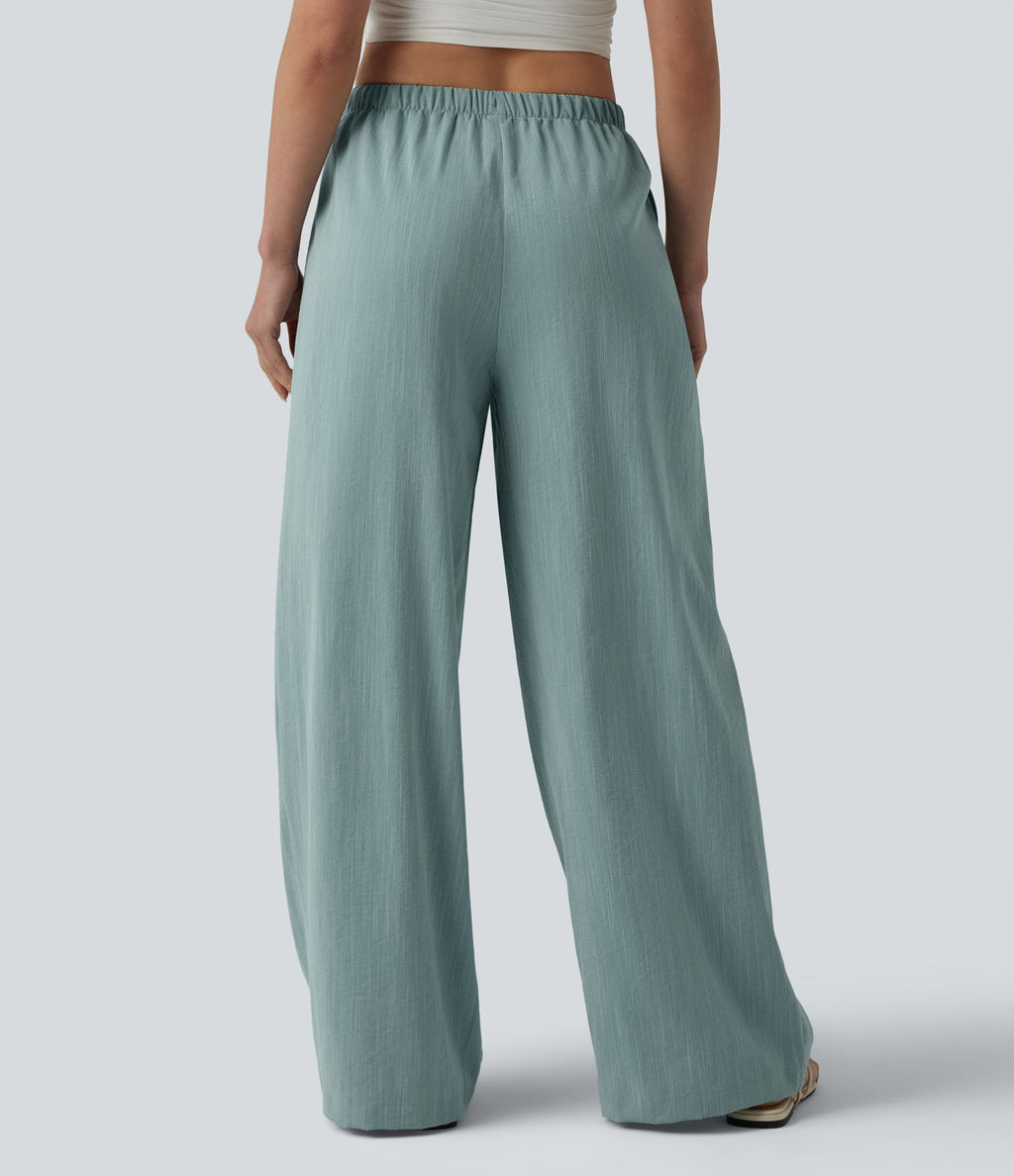 Pantalon large décontracté taille mi-haute avec cordon de serrage aspect lin avec poches