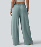 Pantalon large décontracté taille mi-haute avec cordon de serrage aspect lin avec poches