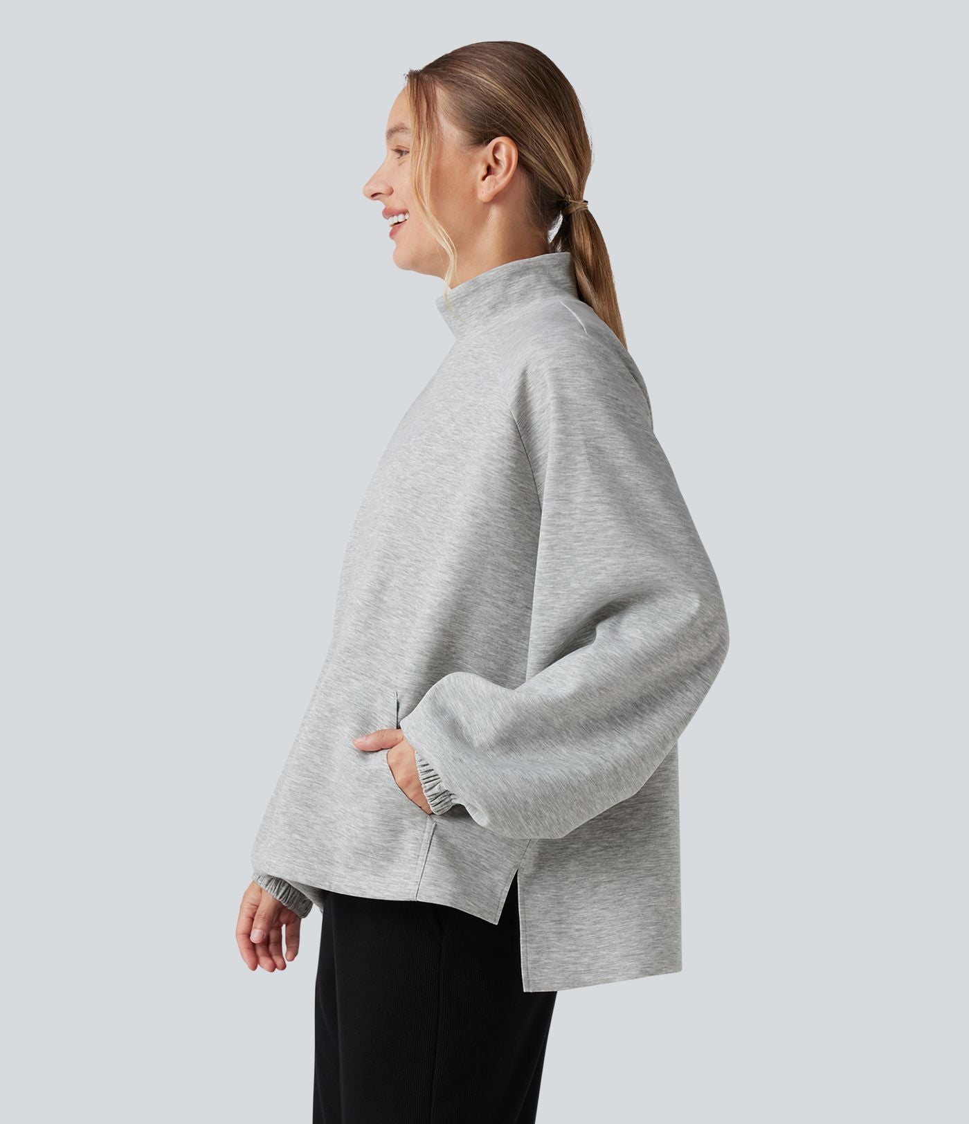 Sweat-shirt col montant à manches longues ourlet asymétrique avec poche