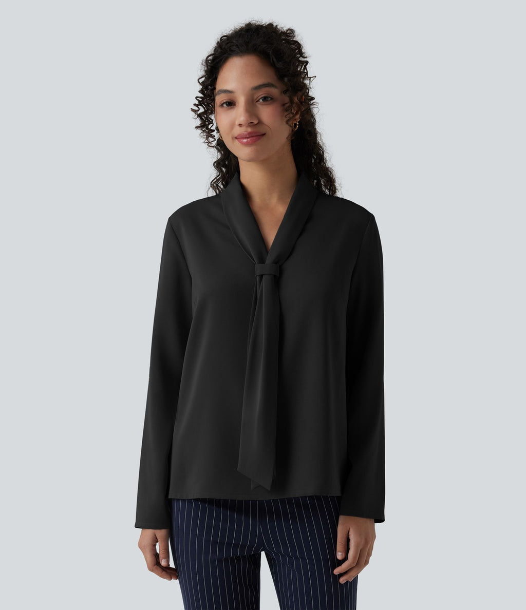 Blouse esprit bureau défroissage facile, col V, manches longues et lien à nouer