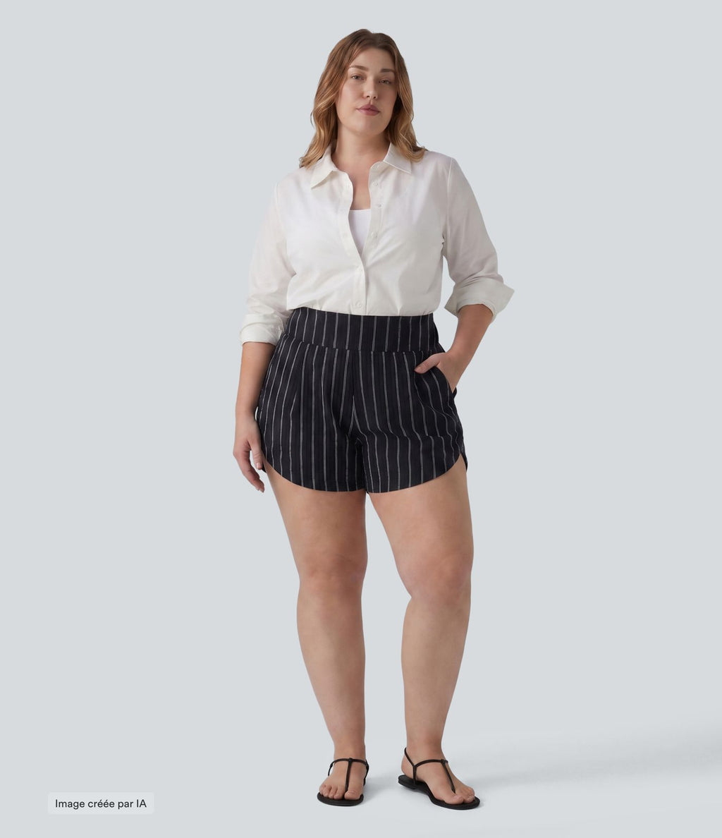 Short rayé grande taille taille haute avec ourlet arrondi et poches