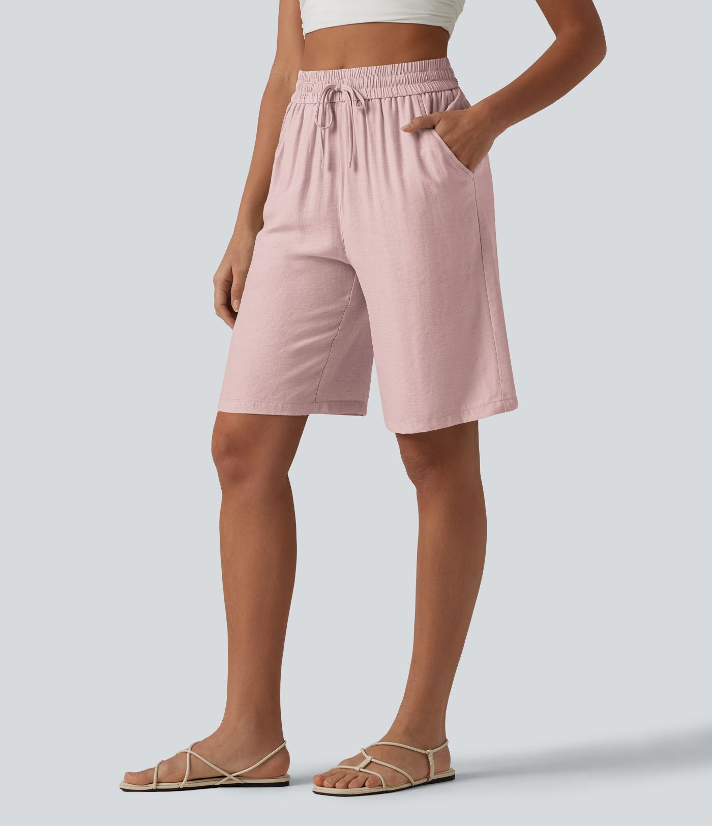 Short décontracté taille haute en lin mélangé avec cordon de serrage et poches, 25 cm