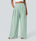 Pantalon Large Casual en Coton à l'Aspect Lin Taille Haute et Poches Latérales Boutonnées