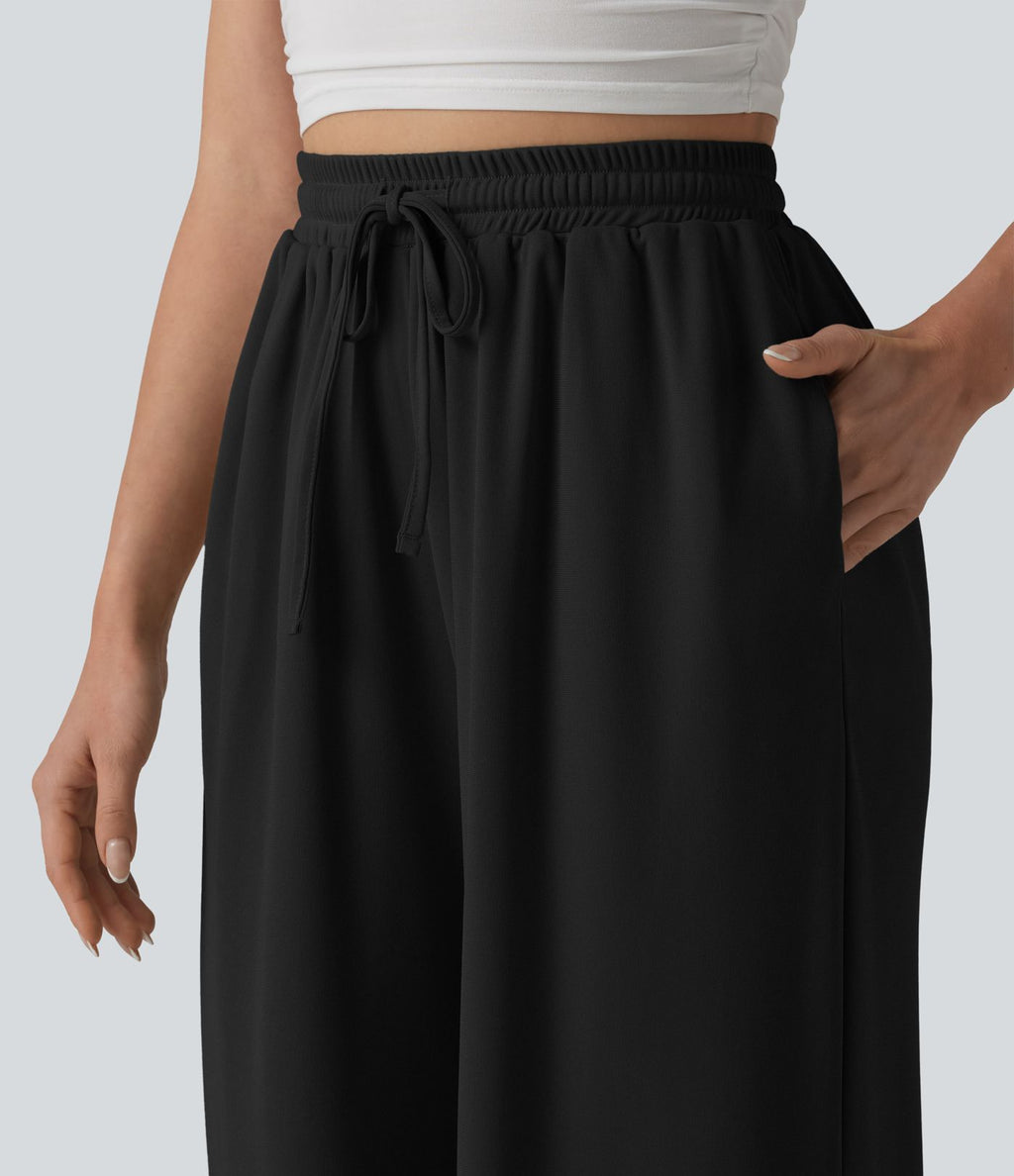 Pantalon large taille haute avec cordon de serrage et poches
