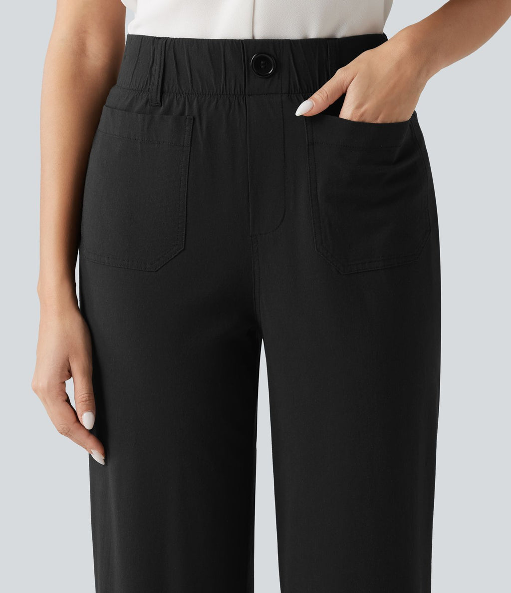 Pantalon large fluide court décontracté taille haute en lin stretch avec poches