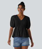 Blouse décontractée col V manches courtes bouffantes avec fronces