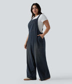 Grande taille Halara Flex™ Salopette casual en jean délavé col carré avec poches