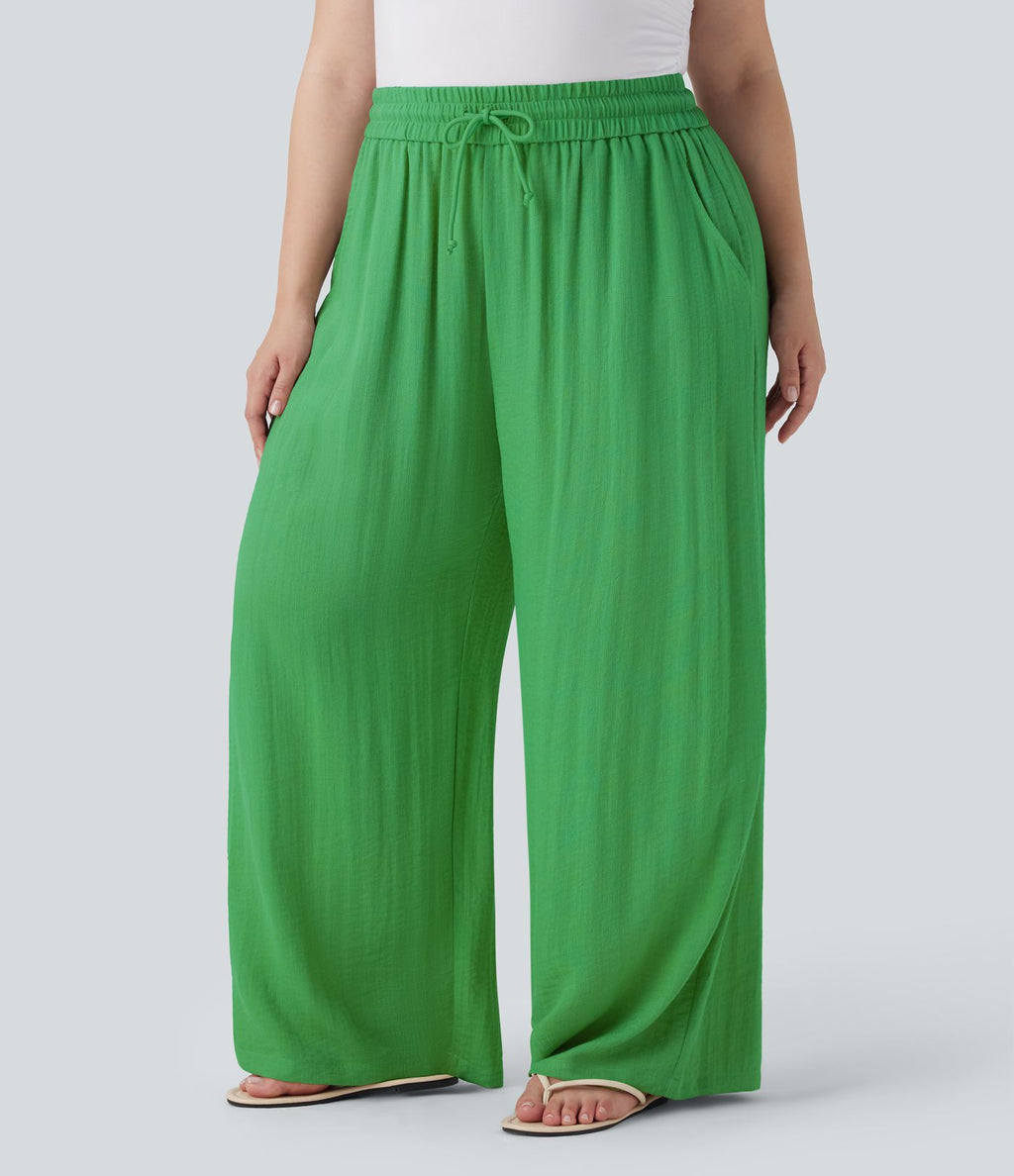 Pantalon décontracté grande taille large fluide taille haute effet lin avec cordon de serrage et poches
