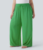 Pantalon décontracté grande taille large fluide taille haute effet lin avec cordon de serrage et poches