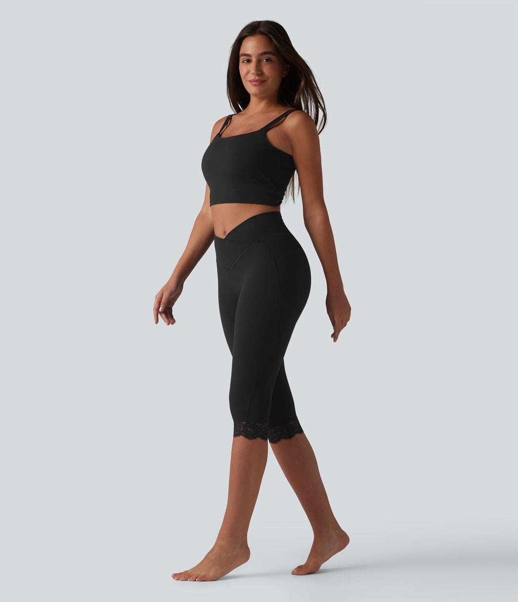 SoftlyZero™ Legging corsaire de yoga croisé taille haute avec dentelle contrastée et poches - UPF50+