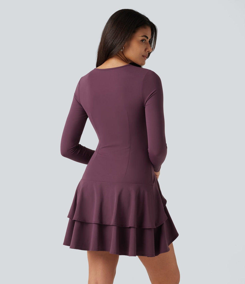 Robe mini SoftlyZero™ Airy effet frais InstantCool à manches longues, encolure arrondie et volants superposés