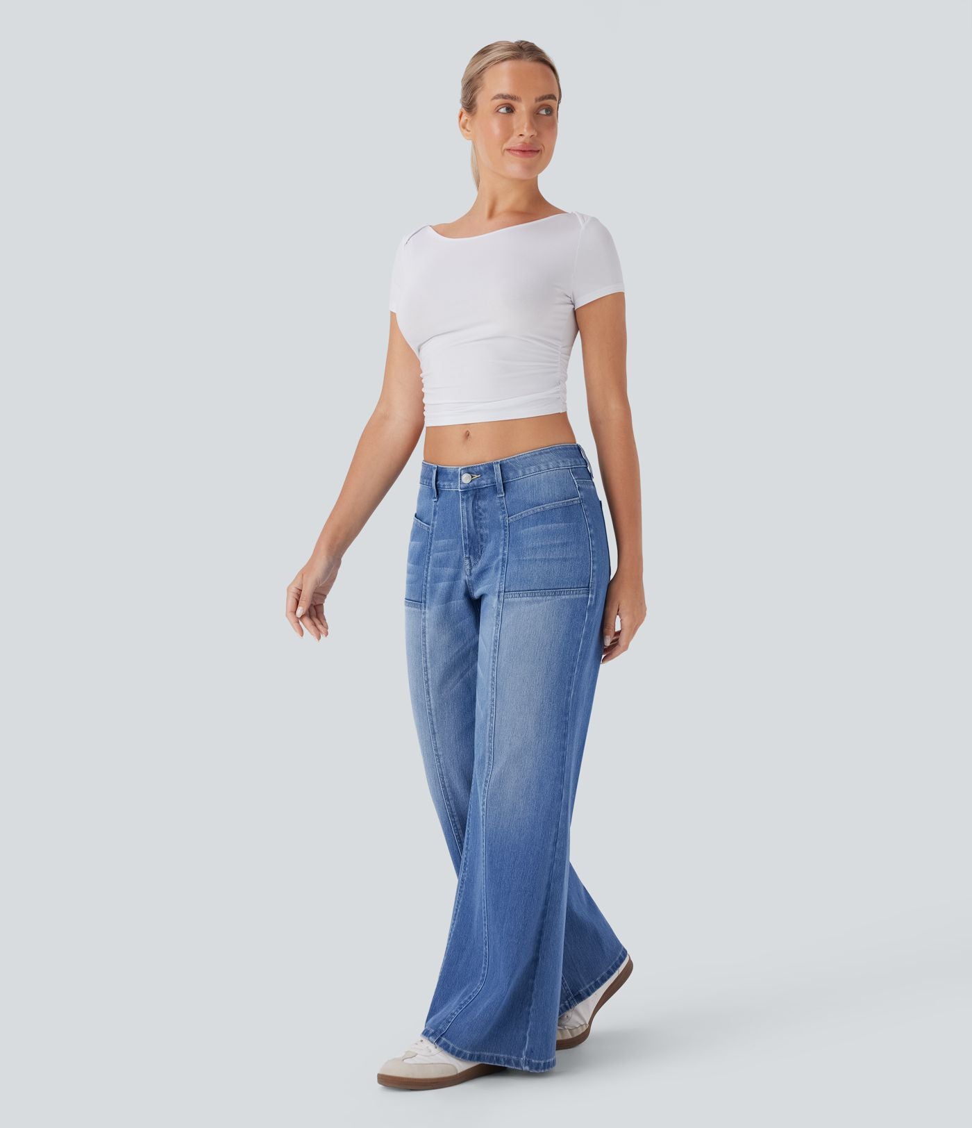 Jean bootcut délavé Halara Flex™ taille basse à poches multiples et fermeture zippée
