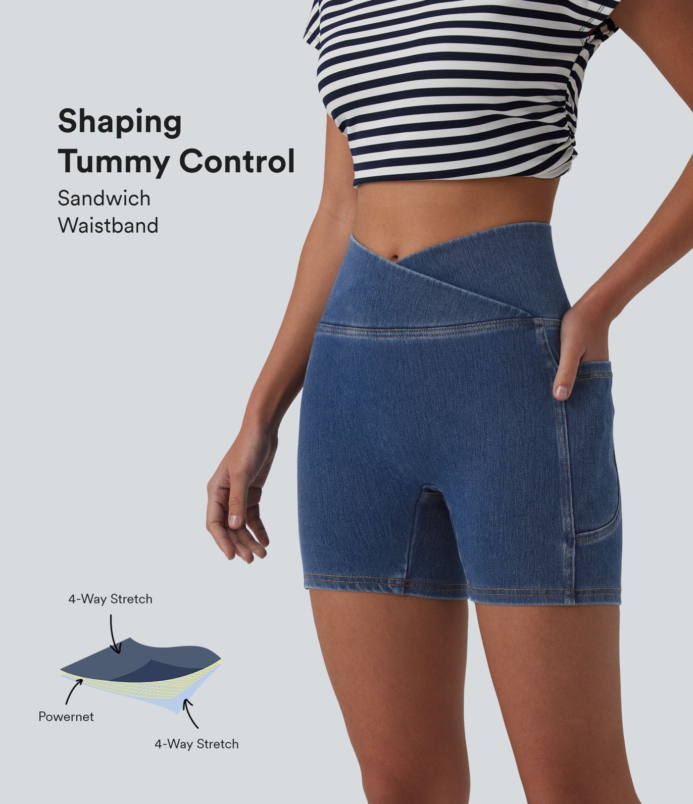 Short denim skinny décontracté Halara Flex™ croisé gainant taille haute 12,5 cm avec poches